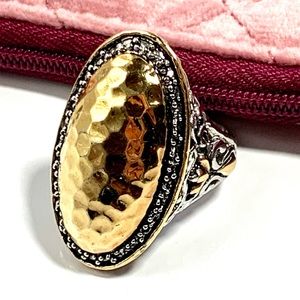 18k GP Honeycomb Oval Filigree Silver Statement Ring Sz 7